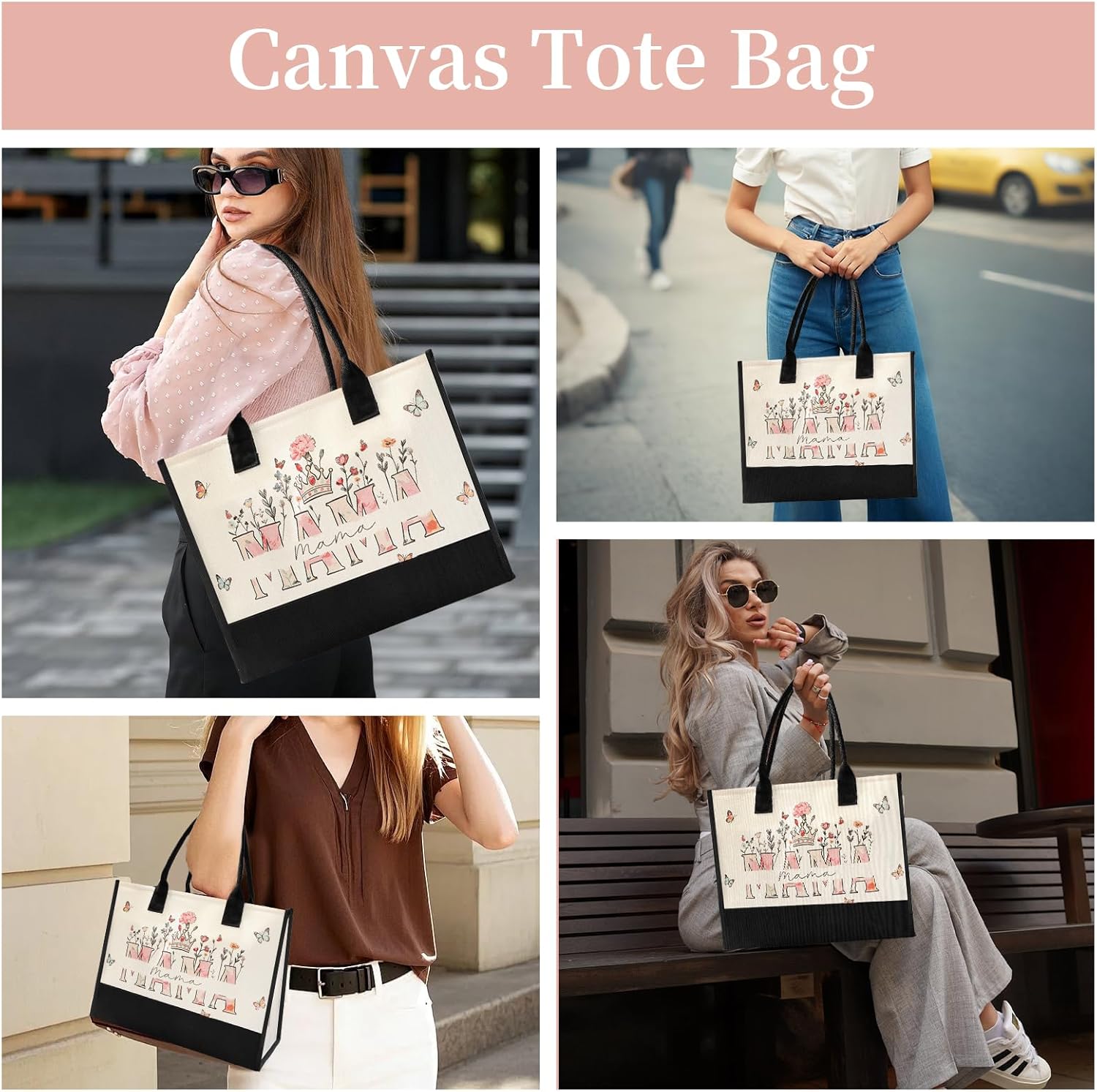 Mothers Day Gifts for Mom - Spacious Canvas Tote Bag for Women, Beautiful Floral Print New Mom Birthday Gifts, Sturdy Ties & Bottom Reusable Grocery Bags, Mama Gift for Shopping Beach Travel Work