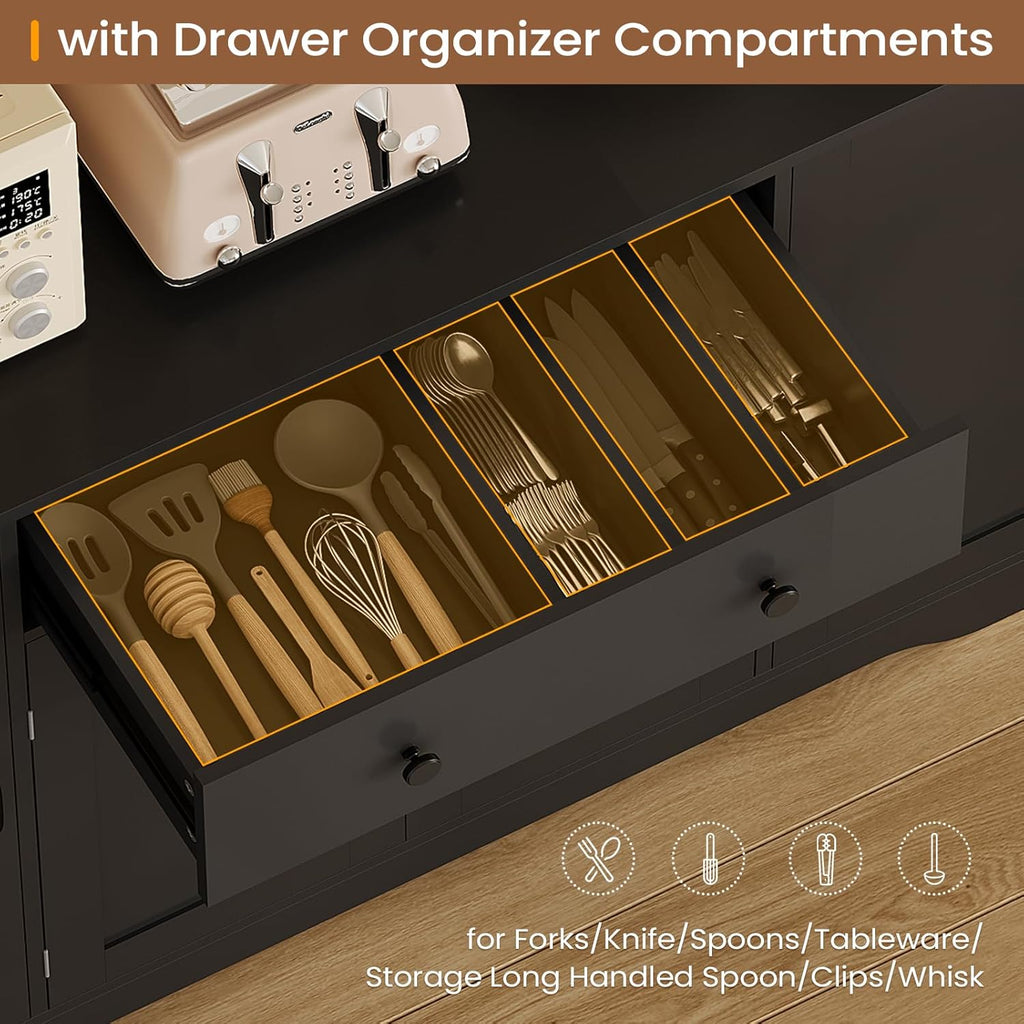 Brinlawb Buffet Cabinet with Storage & Charging Station, 53" Farmhouse Coffee Cabinet with Compartment Drawer, Sideboard Cabinets with Door and Adjustable Shelves for Kitchen, Black