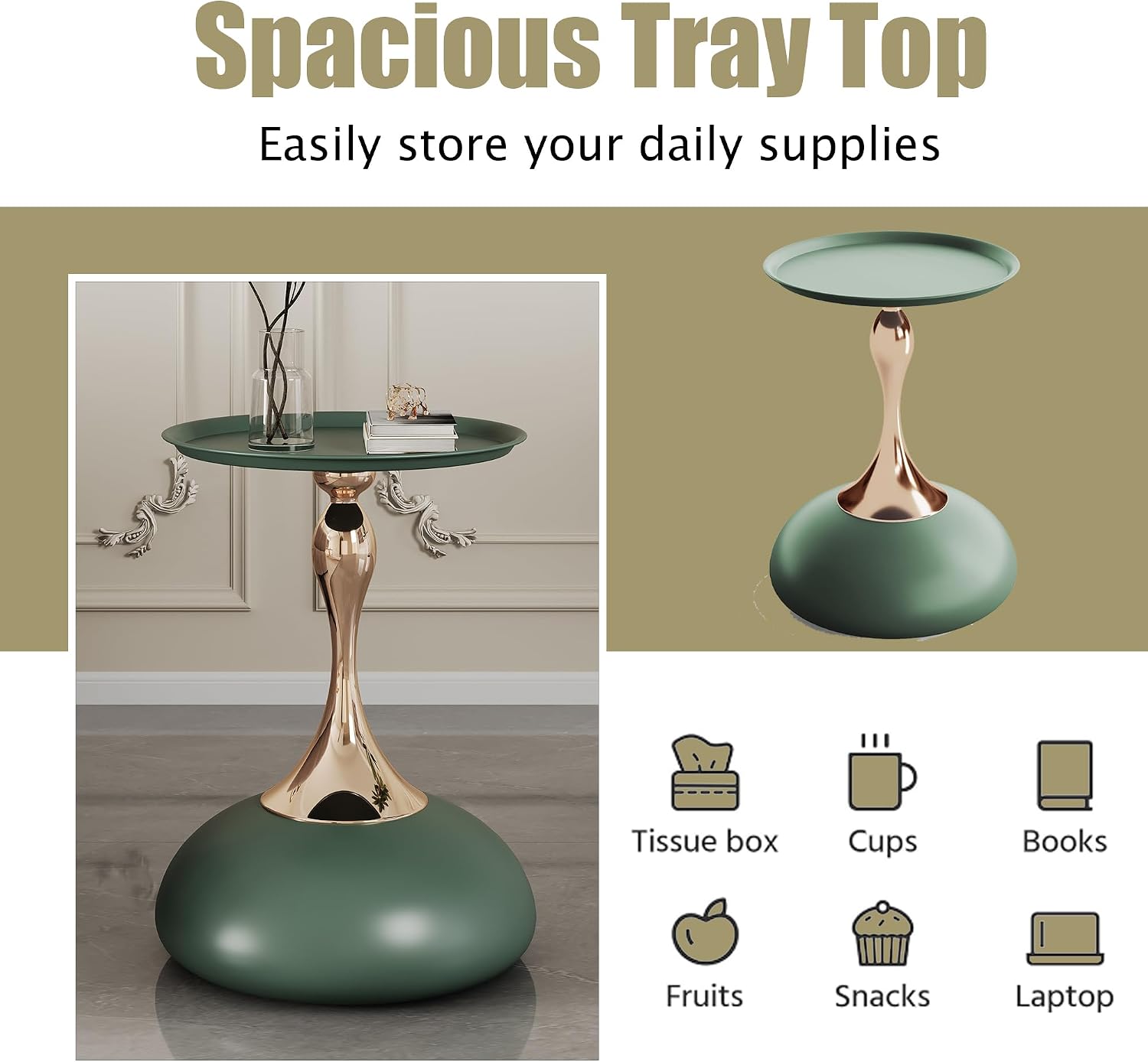 Green Round Side Table for Small Spaces, Small End Table with Metal Pedestal, Minimalist Corner Accent Table for Sofa, Bedroom, Living Room, Easy Assembly