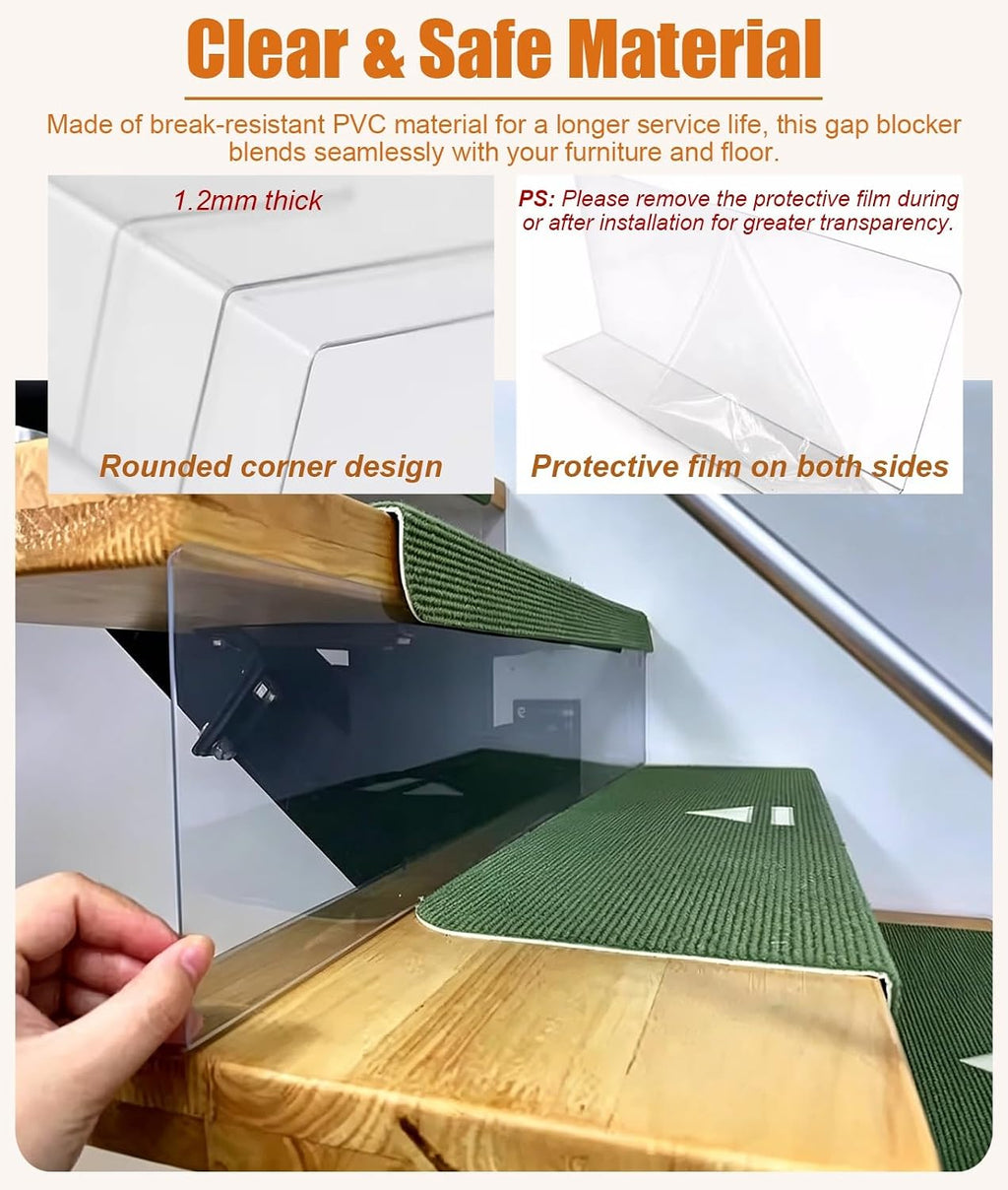 Vibeo Anti-Fall Floating Stairs Gap Blockers, 6 7 8 in High Under Couch Bottom Gap Filler, Clear L-Shaped Toy Blocker Guards for Sofa, Bed, Cabinet(6x31in (15x80cm))