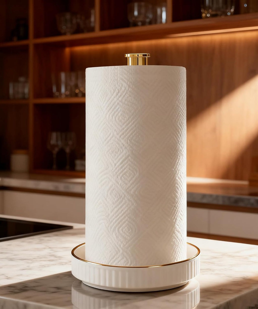 Paper Towel Holder, Ceramic Heavy Plate Base Wobble-Free, Roll Stand-Gold | Effortless Cleaning and Easy to Assemble, Super Large for Triple Rolls, High End Looking as a Good Gift for Kitchen Island
