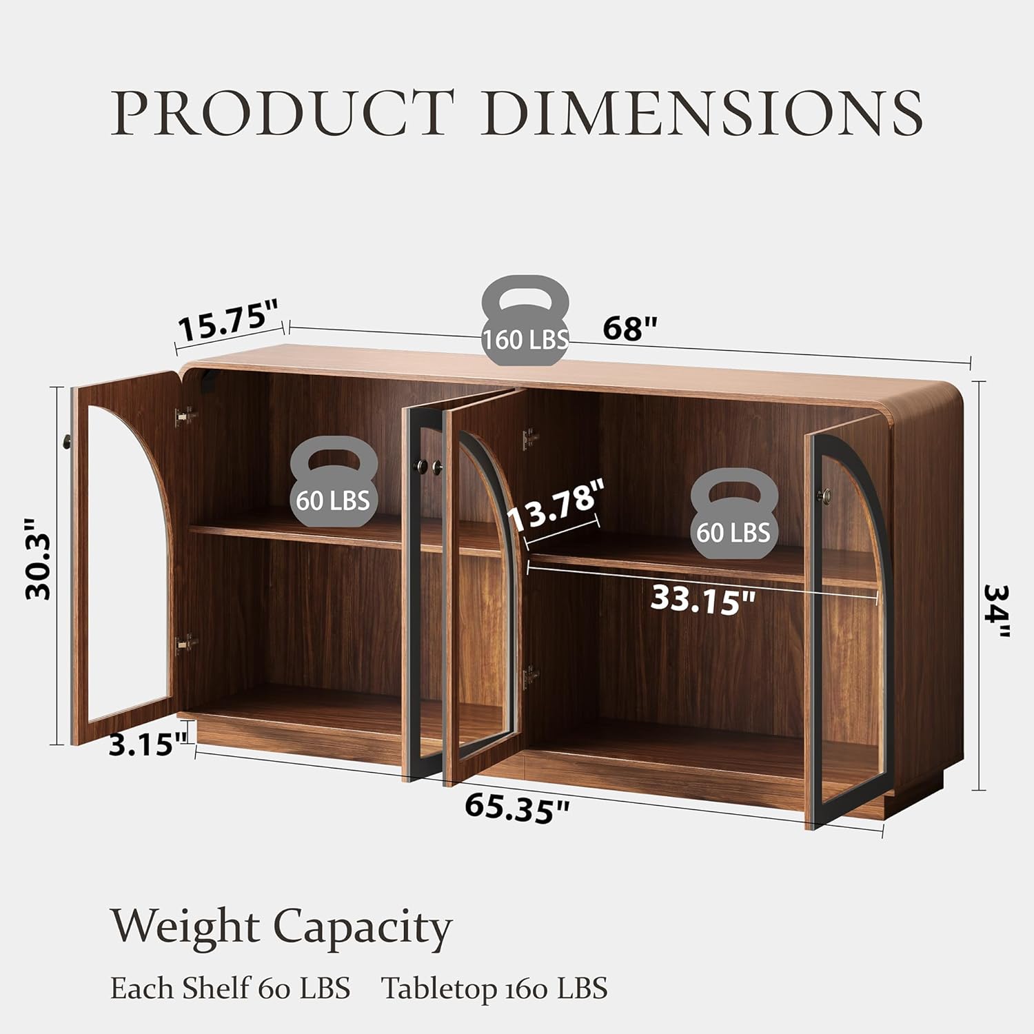 Sideboard Buffet Cabinet with Storage, 68" Walnut Credenza Accent Cabinet Buffet Table w/4 Arched Glass Doors & LED Light, Modern Coffee Bar Liquor Cabinet w/2 Shelves for Kitchen Entryway