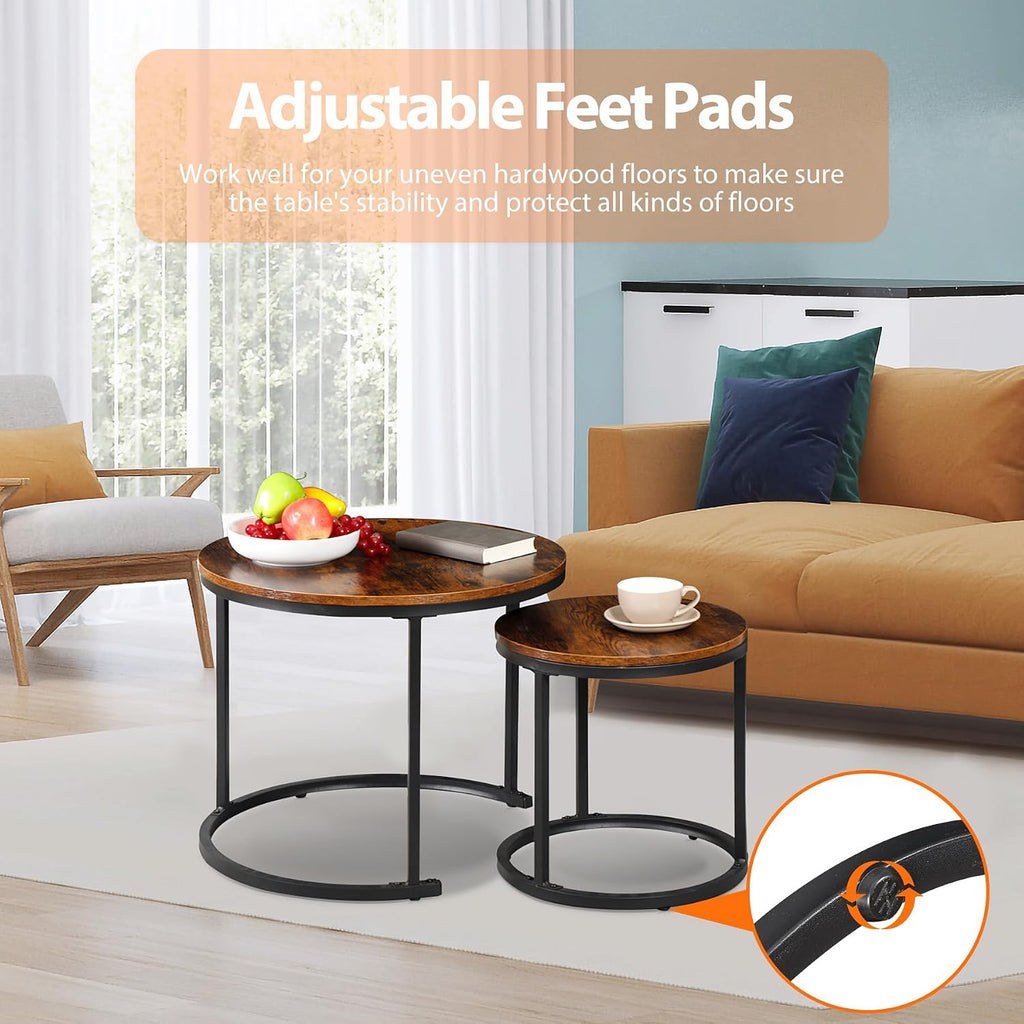 ZENY Nesting Coffee Table Set of 2, 23.6inch Round Coffee Table Wood Grain Top with Sturdy Metal Frame, Industrial End Table Side Tables for Living Room Bedroom Balcony Yard, Rustic Brown