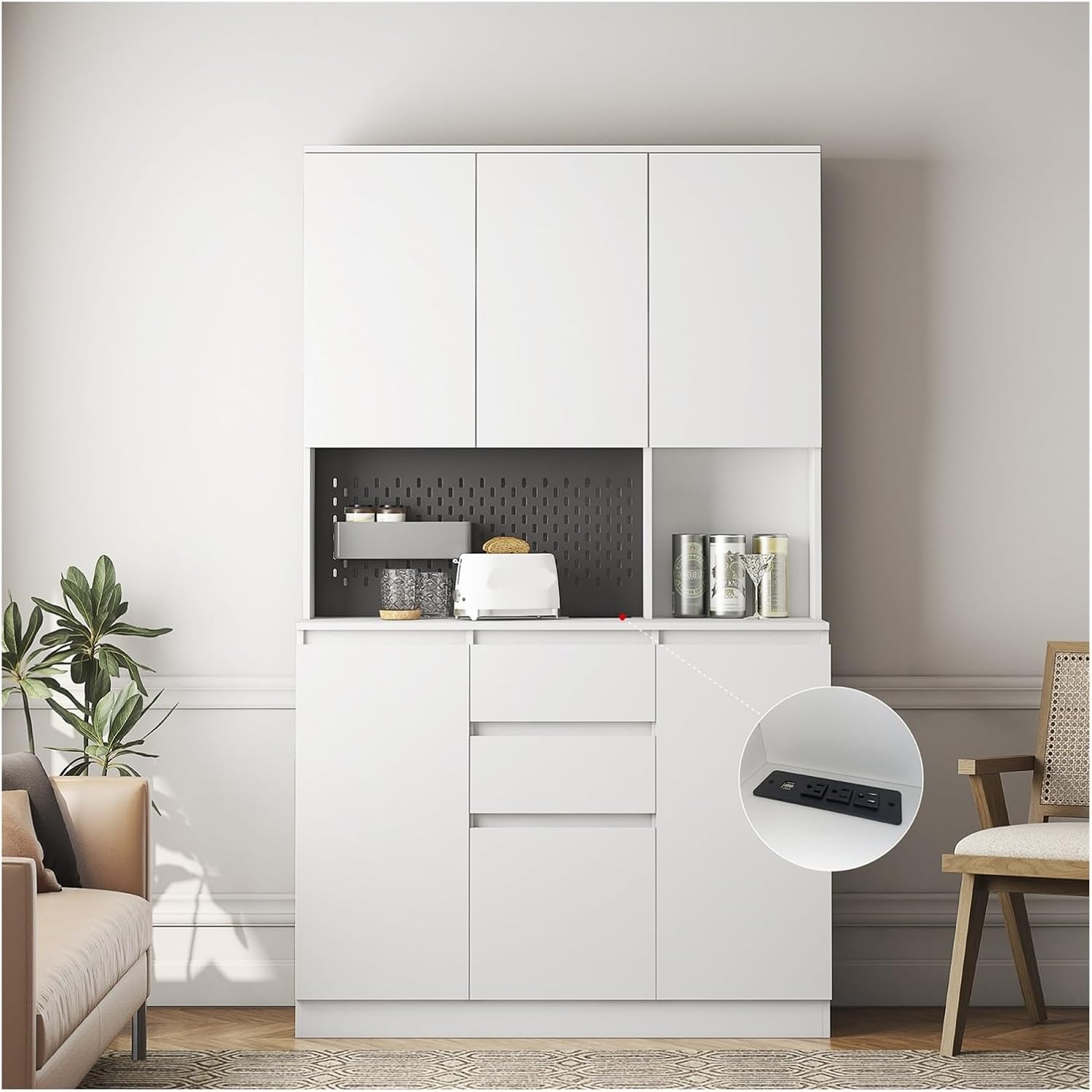 74” Kitchen Sideboard with Charging Function with 6 Doors, 3 Shelves and 2 Drawers, Multifunctional Cabinet for Living Room and Dining Room,for Kitchen