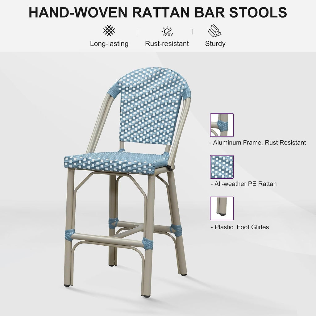 PURPLE LEAF Oversized Outdoor Counter Height Bar Stools Set of 2 26" French Bar Height Stool Bamboo Print Finish Patio Bar Stools with Back Rattan for Garden Kitchen, Light Blue