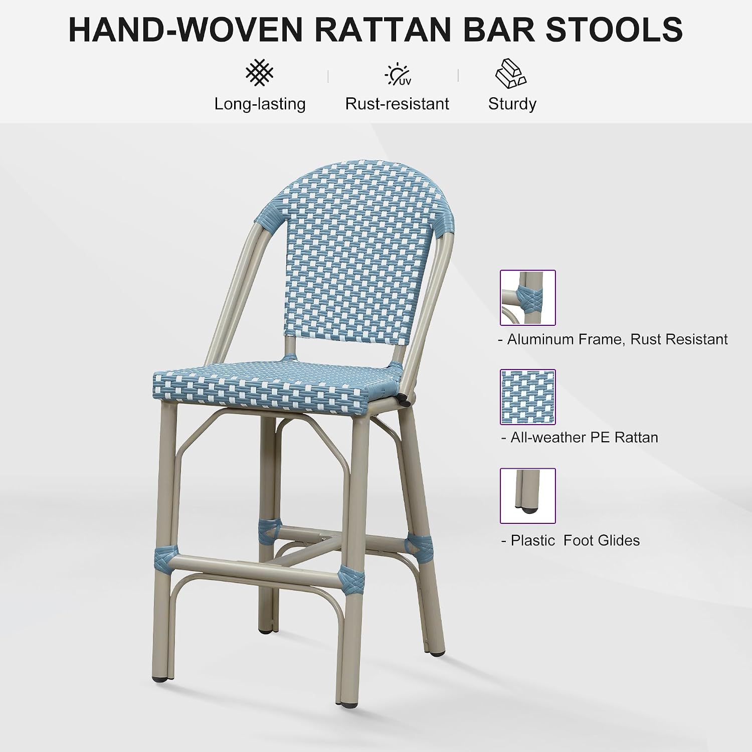 PURPLE LEAF Oversized Outdoor Counter Height Bar Stools Set of 2 26" French Bar Height Stool Bamboo Print Finish Patio Bar Stools with Back Rattan for Garden Kitchen, Light Blue