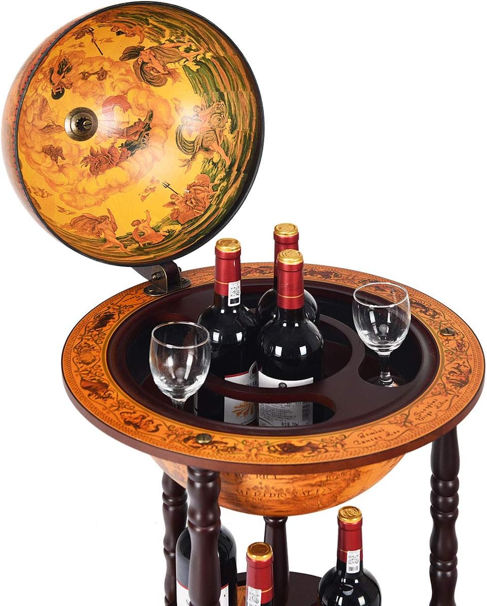 TANGZON 330MM/360MM Globe Drinks Cabinet, Movable Whisky Wine Spirits Cabinet with Casters, Wine Container Minibar Storage Wooden Cart (Brown)