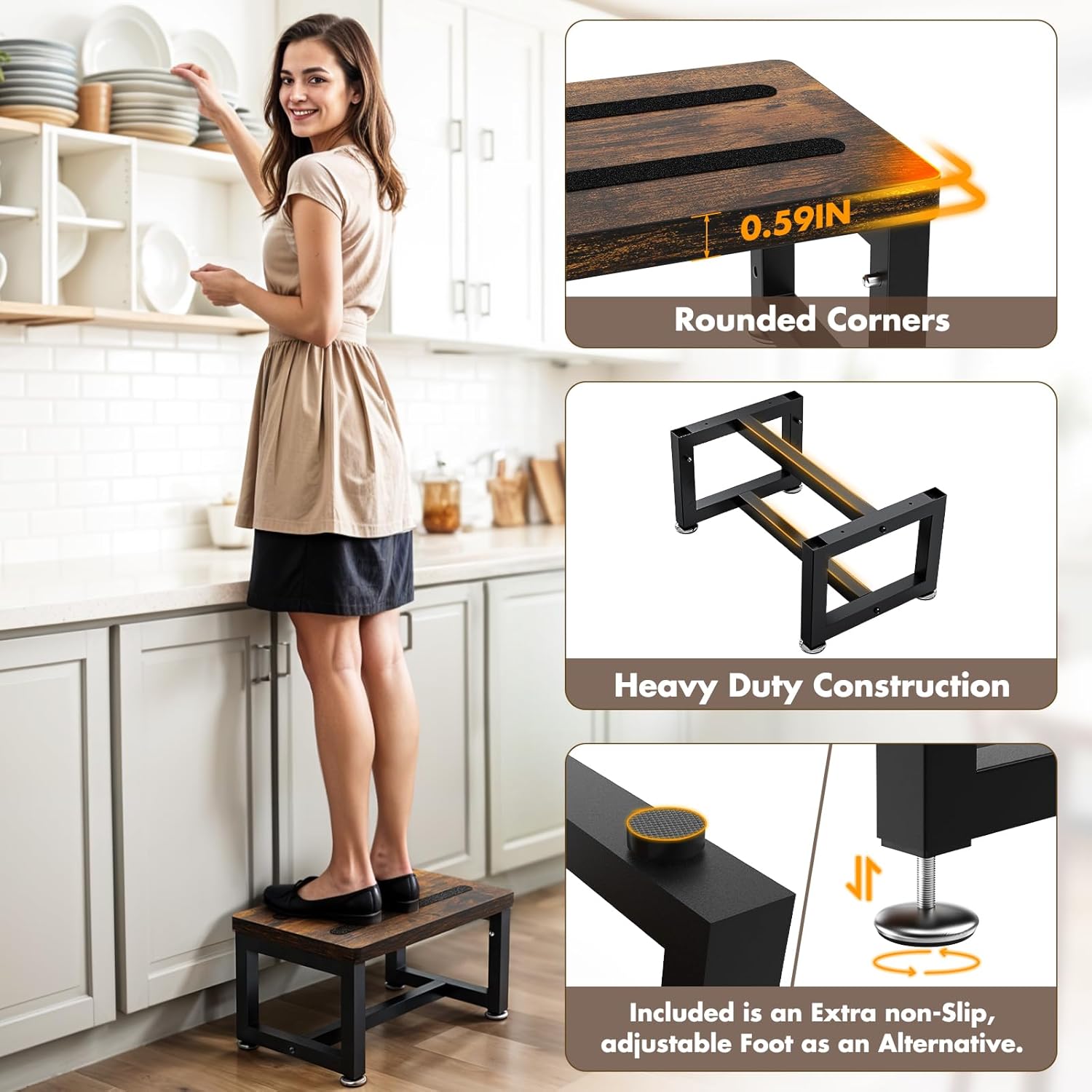 Step Stool, NomNest Height-Adjustable Wooden Step Ladder Metal Foot Stool Small Kitchen Stool Helper for Toddler Adults, Ladder Chair for Home Bedside Bathroom Sink Potty