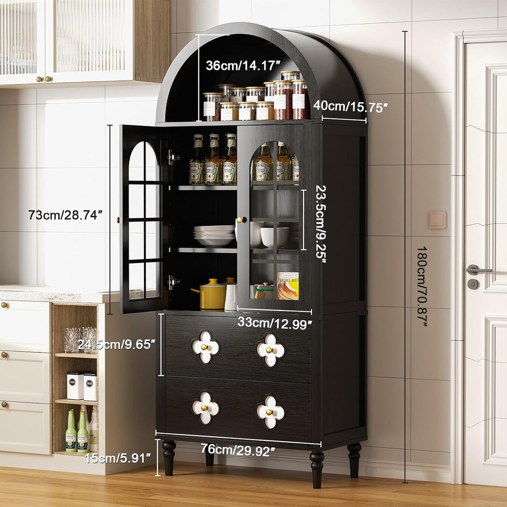 71" Tall Arched Pantry Cabinet, Modern Farmhouse Storage with Glass Doors, 2 Large Drawers, Anti-Tipping Device, Versatile for Kitchen Dining Room Bathroom, 71"x30"x16" (Black)