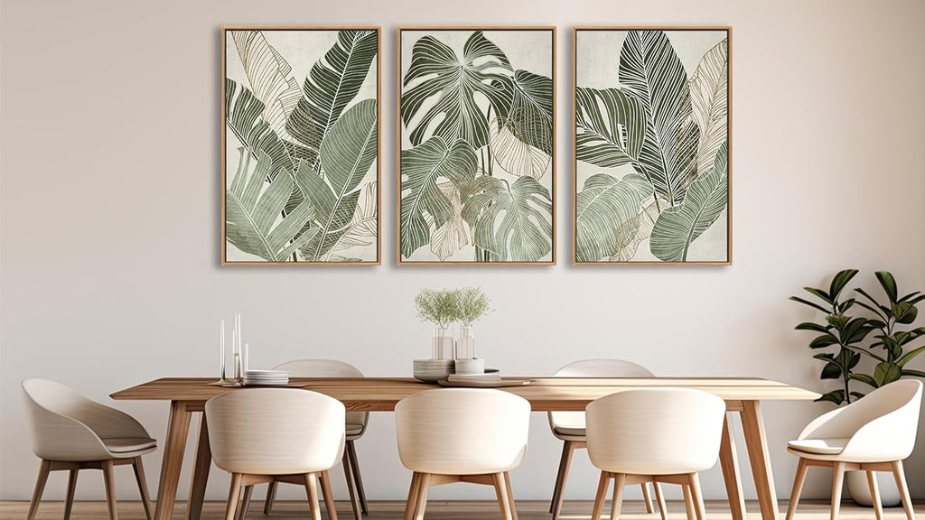 Large Framed Canvas Wall Art - Natural Float Framed Green Plantain Leaves Pictures Decor Brown Leaf Lines Painting Prints Rustic Botanical Artwork for Bedroom Living Room Decoration 60" X 28" Set of 3