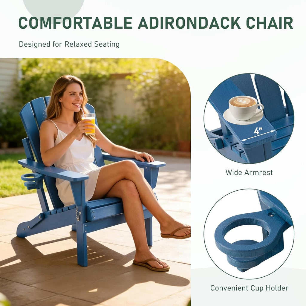 Furnimart Folding Adirondack Chairs Set of 2, Outdoor HDPE Patio Chairs - Wood Look with Cup Holders, Plastic Chairs Weather-Resistant for Outside Garden Balcony Lawn, Blue 2pcs