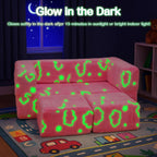 Lamerge Toddler Couch Glow in The Dark Toddler Fold Out Couch for playroom, Convertible Baby Fold Out Play Foam and Floor Cushion for Bedroom (Pink+Clouds)