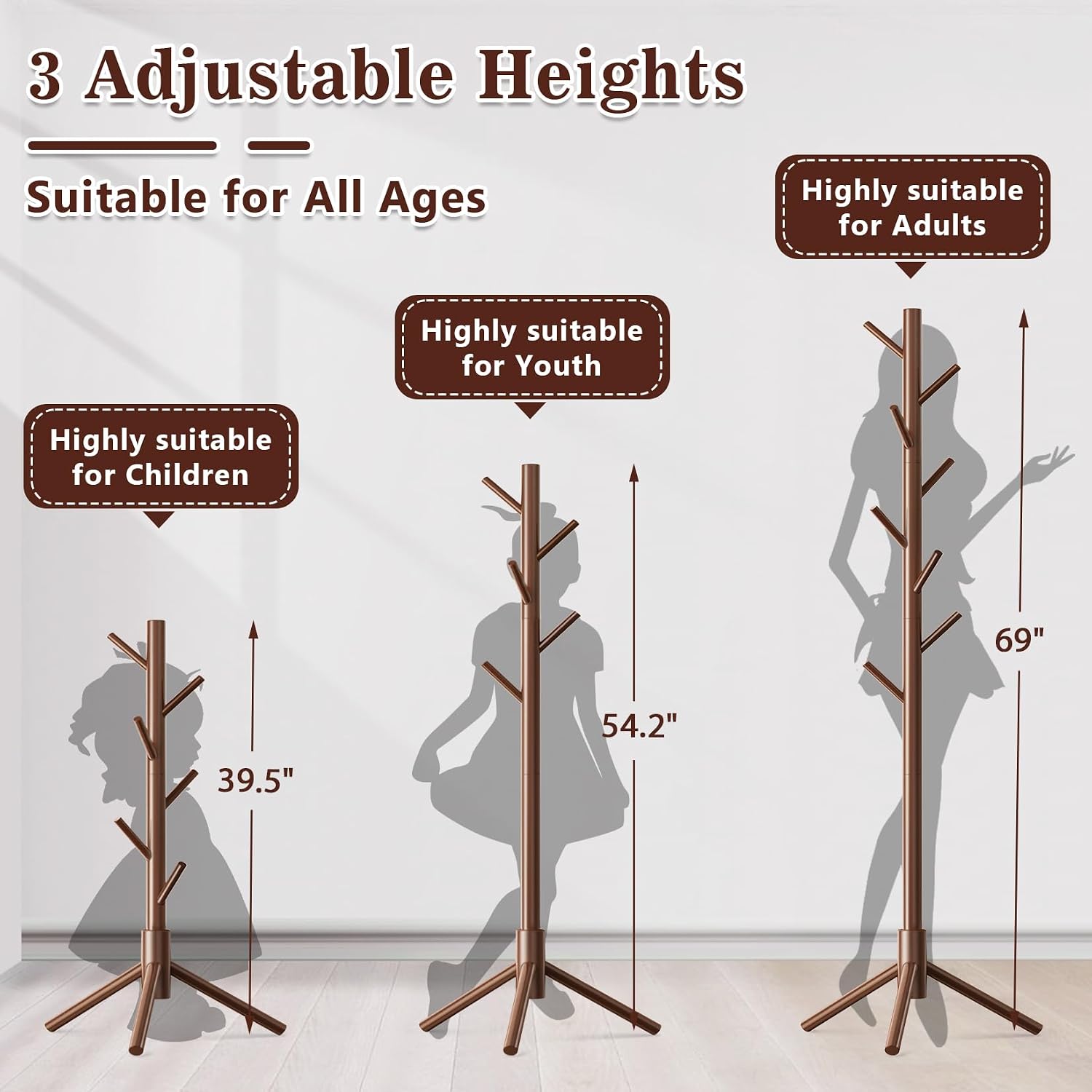 Wooden Coat Rack Freestanding with 8 Hooks,Easy Assembly New Zealand Pine Tree Coat Racks, 3 Adjustable Sizes for Clothes, Hats, Bags, for Entryway, Hallway, Bedroom, Office (Brown, 2 PCS)