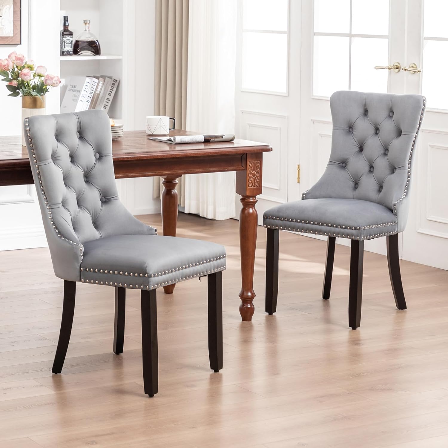 Hixkol Velvet Dining Chairs Set of 2,Upholstered Dining Chairs with Ring Pull Trim and Button Back,Modern Seating for Kitchen, Dining Room & Living Room(Grey)