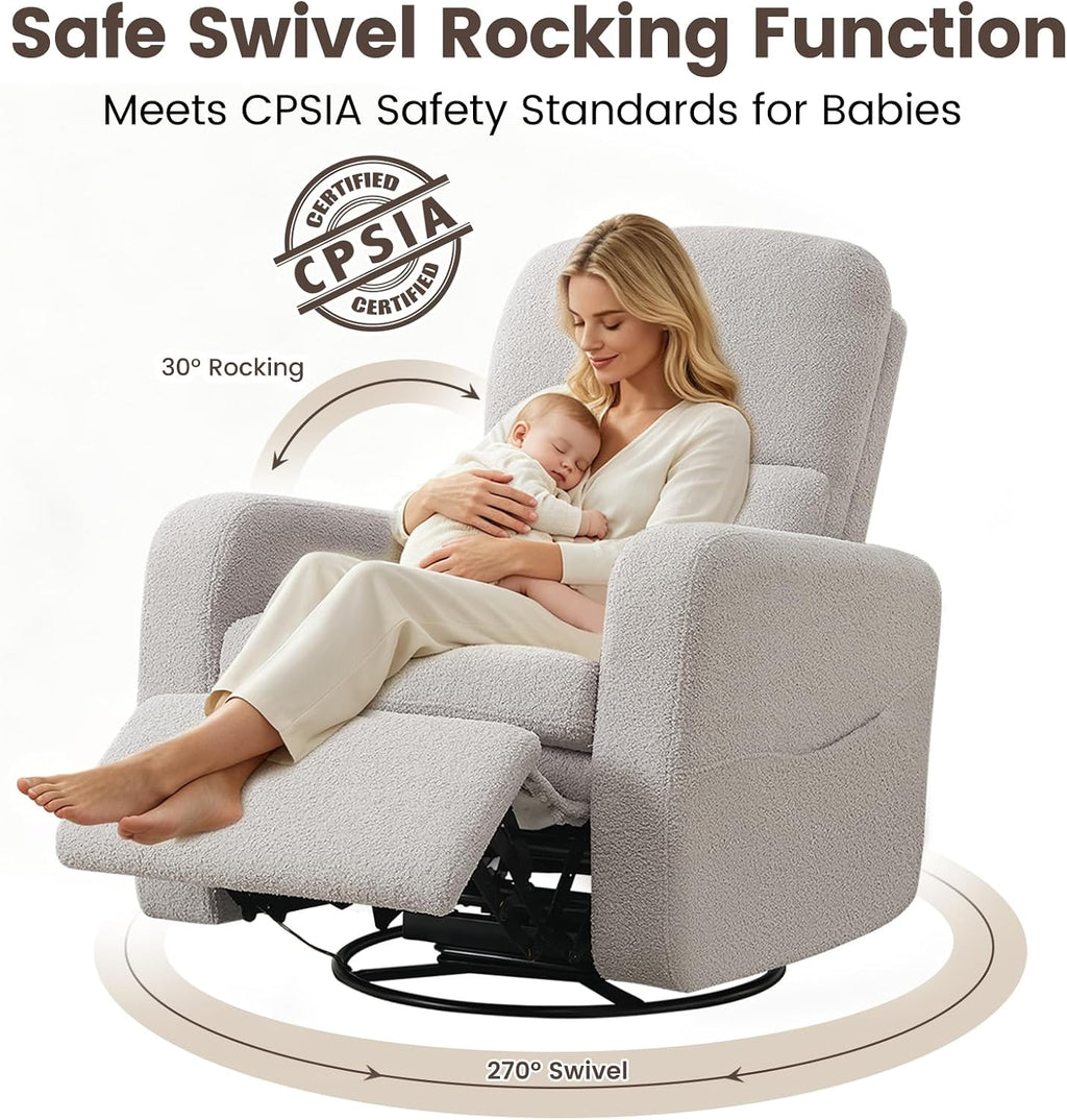 Power Swivel Rocker Recliner, Swivel Glider Nurseryc Recliner Chair with Lumbar Support, Upholstered Rocking Recling Chairs for Adults Nursery, Living Room, Bedroom, Teddy Grey