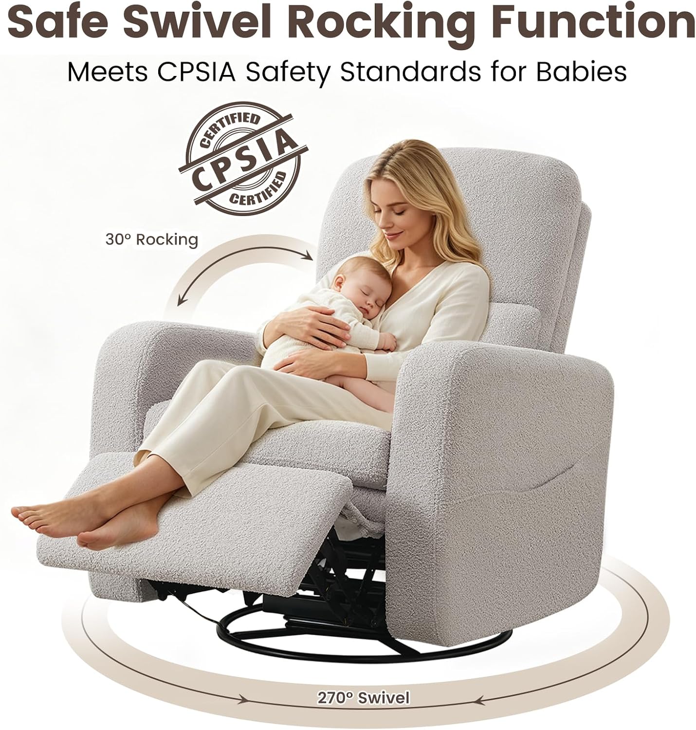 Power Swivel Rocker Recliner, Swivel Glider Nurseryc Recliner Chair with Lumbar Support, Upholstered Rocking Recling Chairs for Adults Nursery, Living Room, Bedroom, Teddy Grey