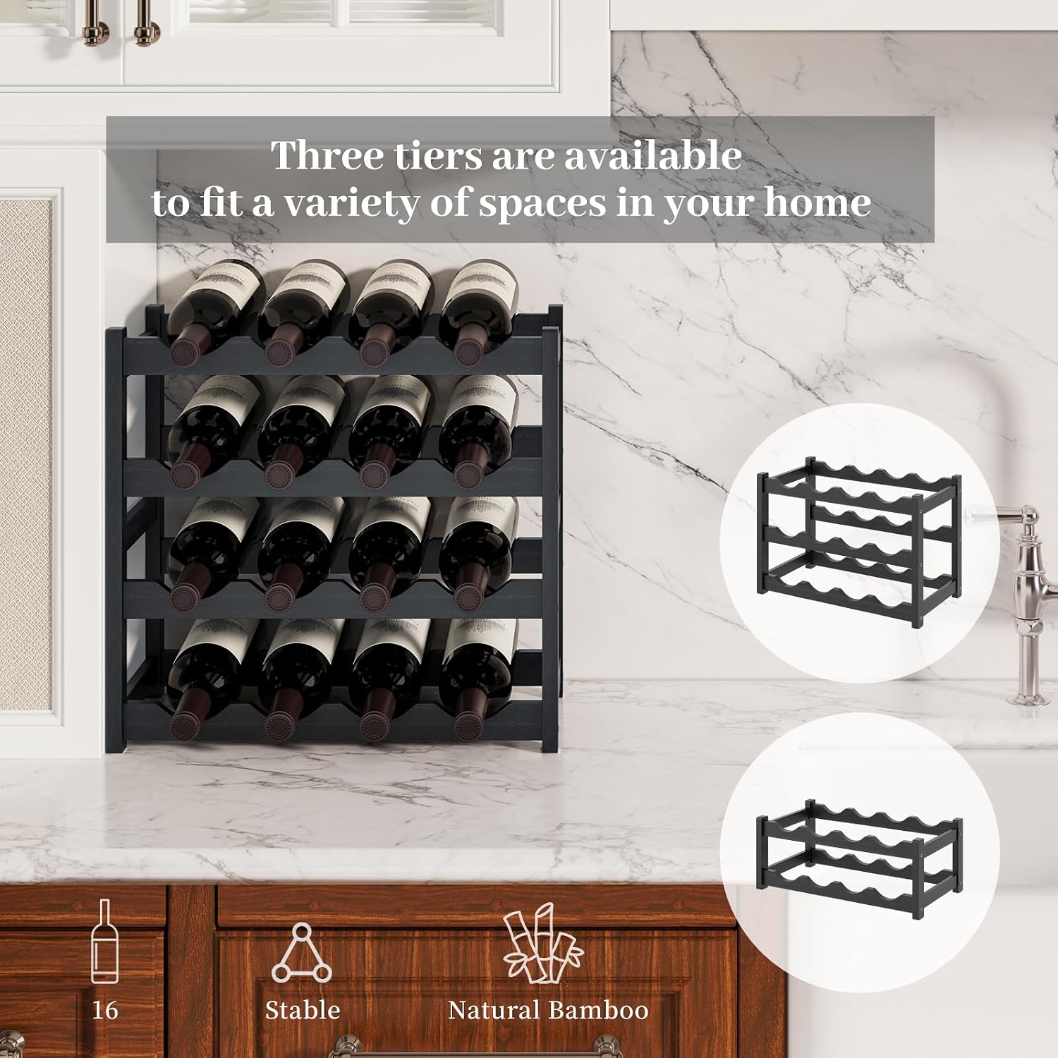 Wine Rack，Bamboo Wine Storage Cabinet Shelf，Countertop Wine Shelf- Freestanding Wine Holder for Kitchen & Pantry (Black, 4-Tier)