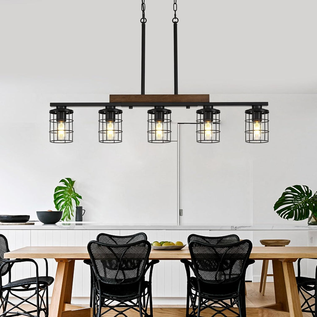 36" Farmhouse Kitchen Light Fixture, Black Hanging Kitchen Chandelier, 5-Light Rustic Dining Room Light Adjustable Height with Wood and Metal Frame, Suit for Farmhouse, Industrial Style