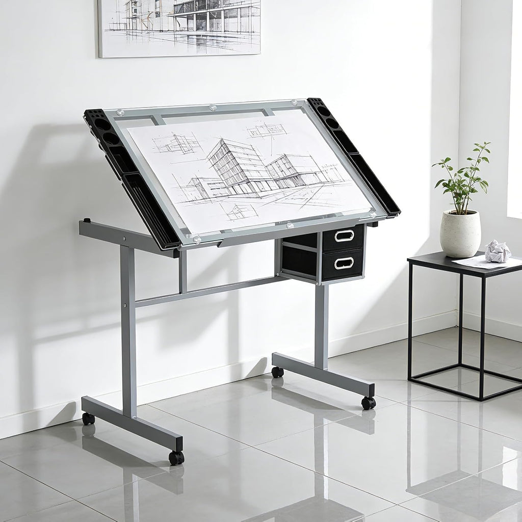 Magshion Professional Drafting Table for Adults Teens, Tilting Glass Tabletop Art Craft Desk Diamond Watercolor Paintings Sketching Work Station for Home Office Reading, Writing, Crafting (Clear)