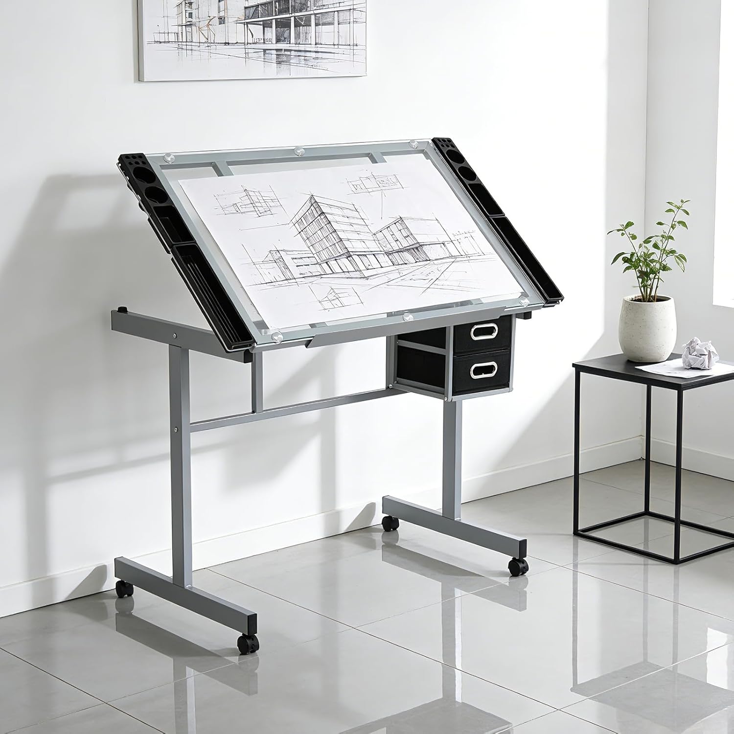 Magshion Professional Drafting Table for Adults Teens, Tilting Glass Tabletop Art Craft Desk Diamond Watercolor Paintings Sketching Work Station for Home Office Reading, Writing, Crafting (Clear)