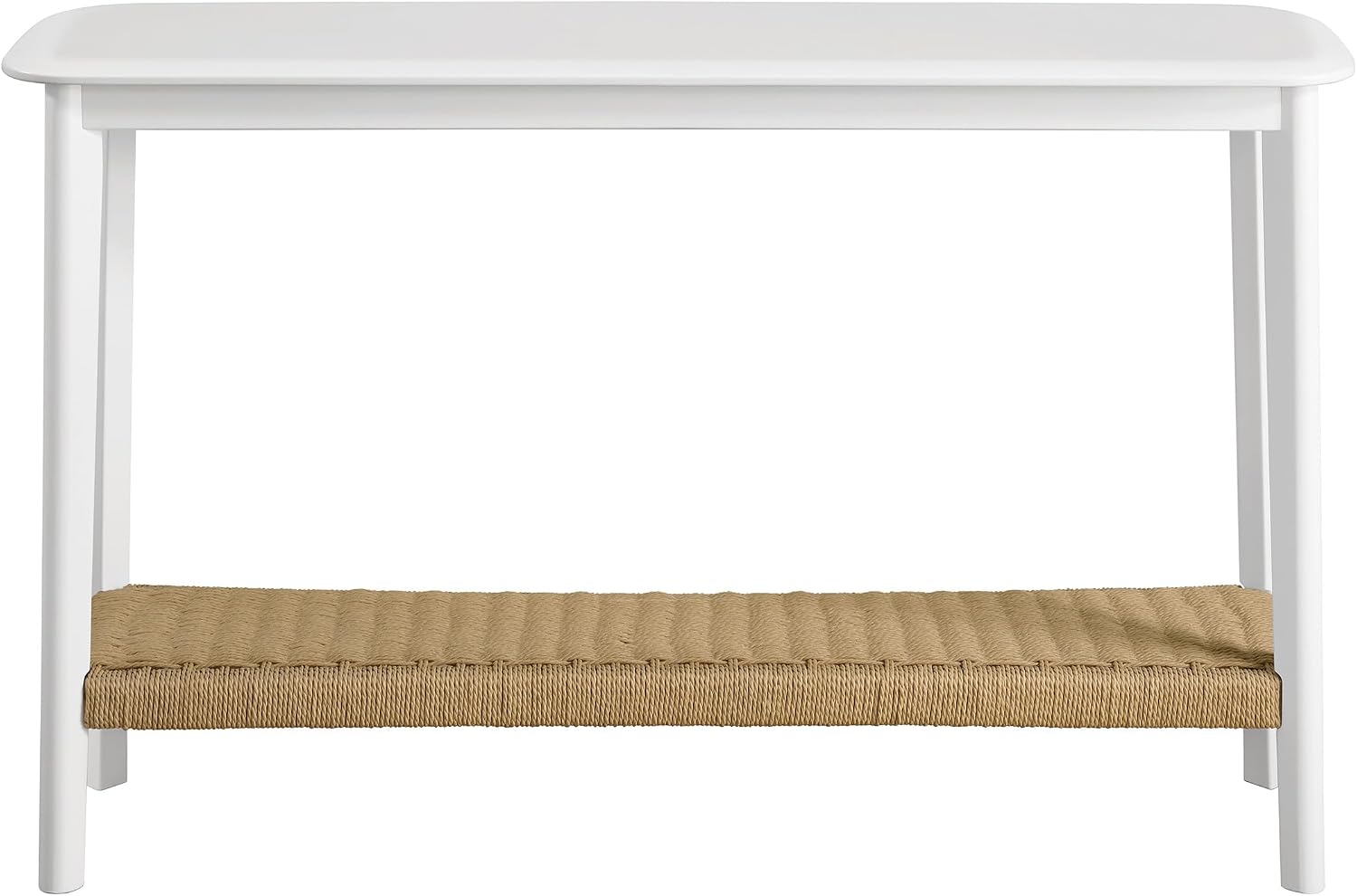 Alaterre Furniture Calais 48 Inch Wooden Console Table with Woven Storage Shelf – Mid Century Modern 2-Tier Entryway or Sofa Table for Living Room, Hallway, or Foyer (White)