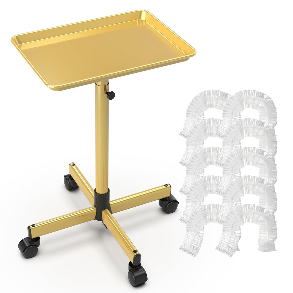 TASALON Rolling Salon Tray,Mobile Styling Station with Wheels Aluminum Rolling Tray Trolley for Salon Essentials, Adjustable Heightfor Hairstylist Tray with 10 PCS Disposable Salon Tray Cover,Gold