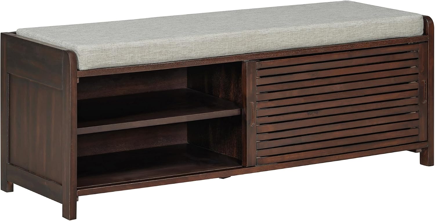 Ball & Cast Entryway Storage Bench with Shutter Doors, 43.3" Wooden Shoes Organizer, Modern Movable Upholstered Seat Entryway Shoe Rack Cabinet for Hallway Living Room, Espresso