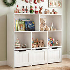 Olakids Toy Storage Organizer, Wooden Kids Bookshelf with Hidden Wheels 3 Movable Drawers 5 Open Cubbies, Large Toddler Chest for Playroom Classroom