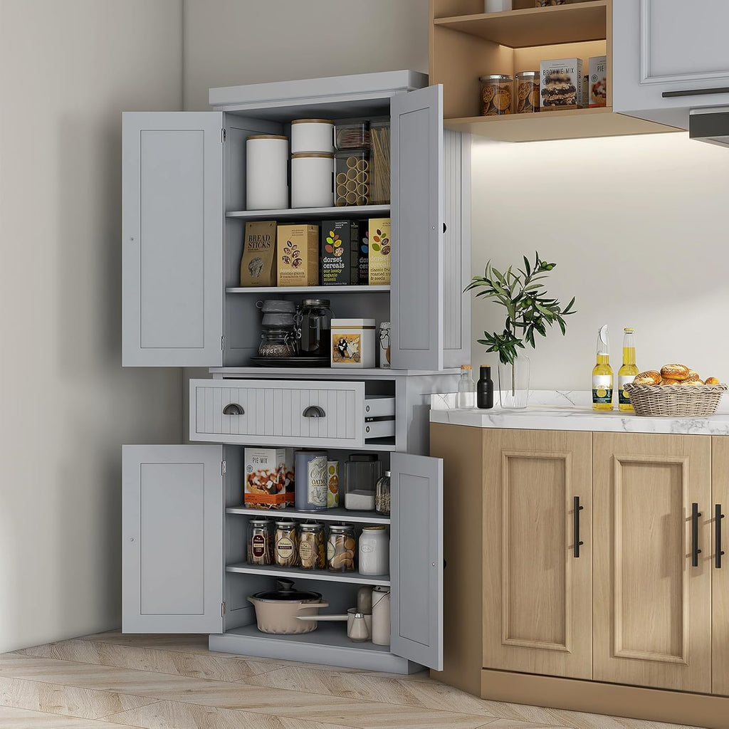 Pantry Storage Cabinet, 72" Traditional Freestanding Cabinet with 4 Doors and 3 Adjustable Shelves, Kitchen Large Central Drawer