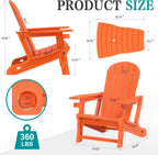 JY QAQA Outdoor Adirondack Chair Set of 2, All-Weather HDPE Patio Furniture with Detachable Table, Wood Texture & Cup Holder for Patio, Poolside, Garden, Orange
