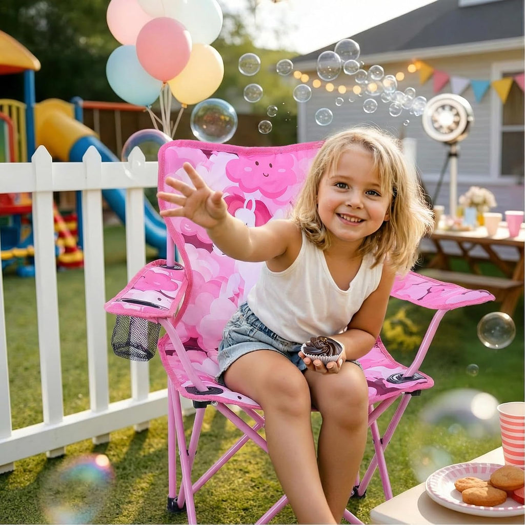 Huskfirm Padded Kids Camping Chair Folding Toddler Chair with Cup Holder & Safety Lock Portable Kids Beach Chair Ages 3-6 for Outdoor Camping Foldable Kids Chair Support 120lbs,Pink Unicorn