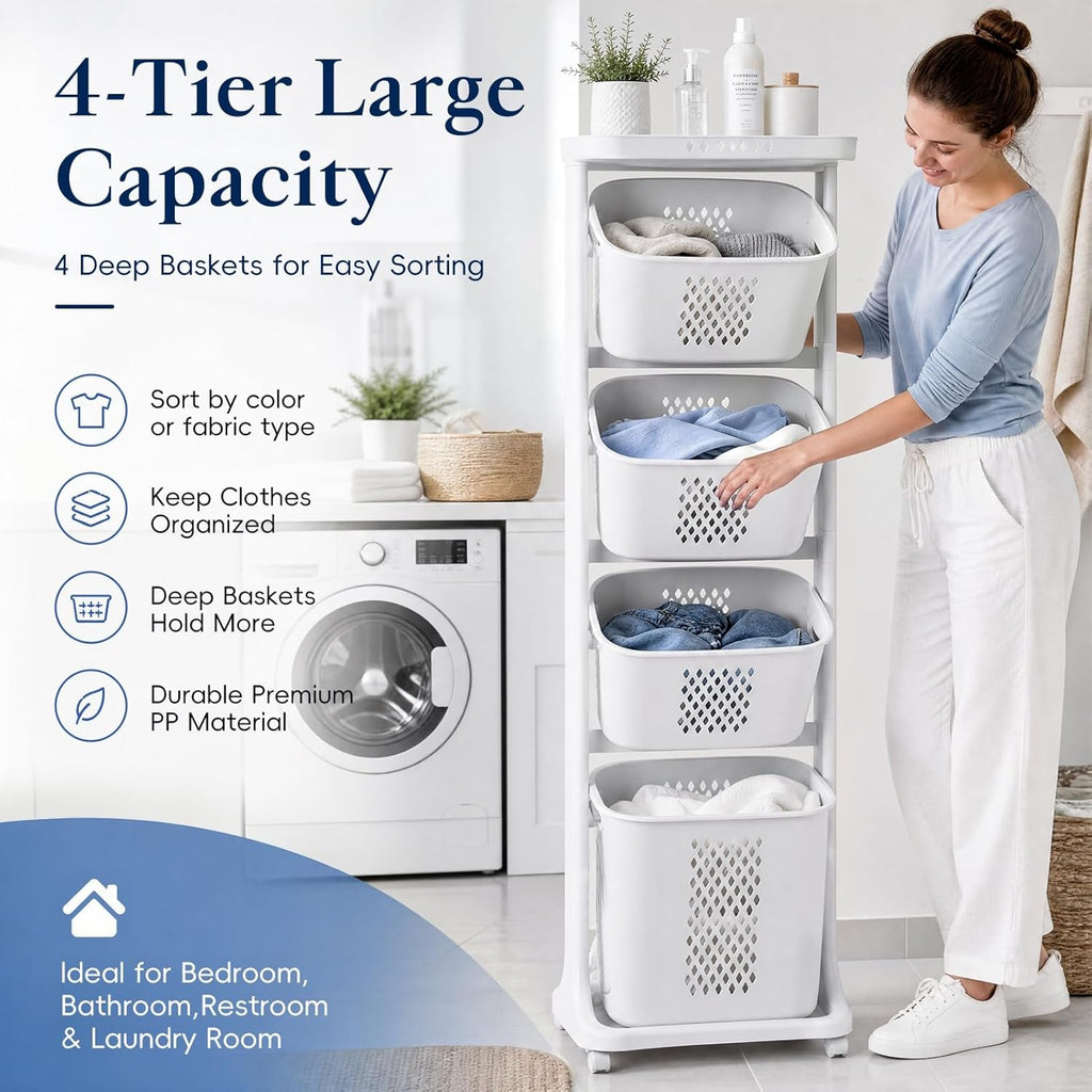 4-Tier Vertical Laundry Hamper Sorter with Wheels, Removable Vertical Rolling Laundry Basket, 4 Section Sorters Cart for Small Space, Dorm, Closet, Bathroom Grey-4Layer