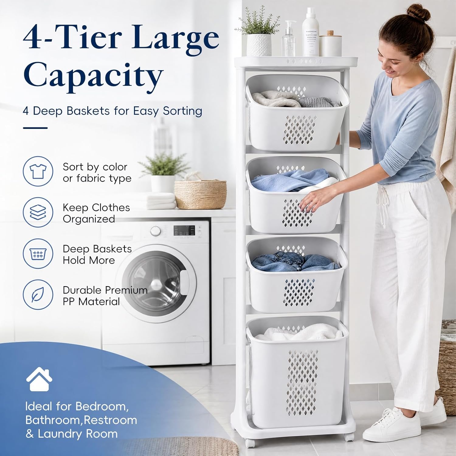4-Tier Vertical Laundry Hamper Sorter with Wheels, Removable Vertical Rolling Laundry Basket, 4 Section Sorters Cart for Small Space, Dorm, Closet, Bathroom Grey-4Layer