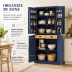 71.3" Kitchen Pantry Cabinet, Freestanding Cupboard, Blue | Painted MDF, 8 door shelves, 2 adjustable shelves, 2 slide-out compartments, anti-tip kits, 40.2"L x 20"W x 71.3"H
