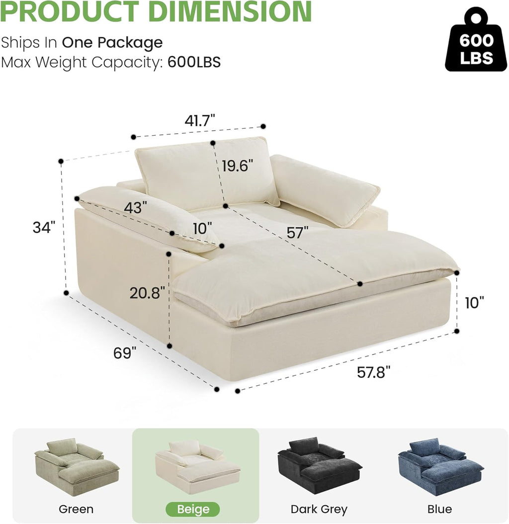HUBSON 69" Oversized Boneless Chaise Lounge Chair Indoor, Comfy Deep Seat Sleeper Lounge Couch, Upholstered Chenille Cloud Chairs for Living Room, Bedroom, Apartment, No Assembly Required, Beige