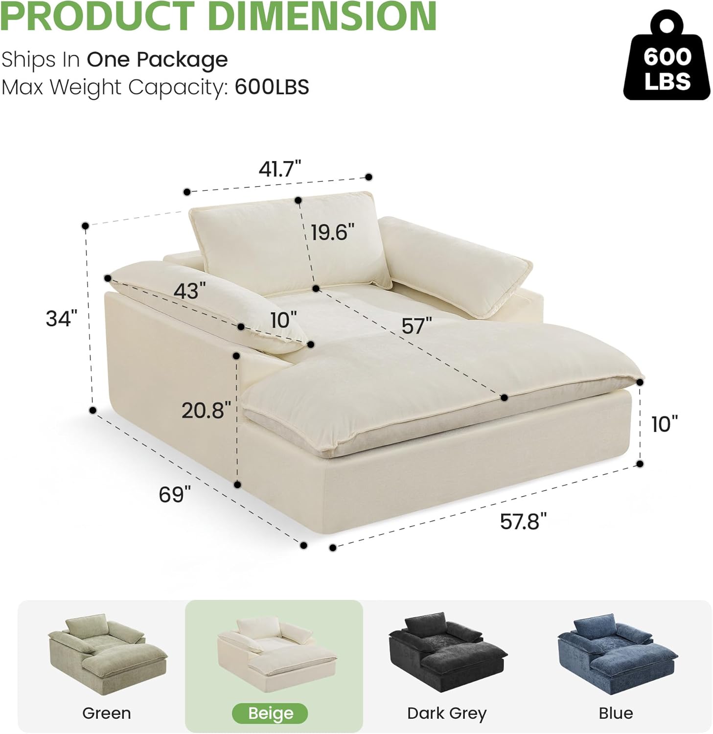 HUBSON 69" Oversized Boneless Chaise Lounge Chair Indoor, Comfy Deep Seat Sleeper Lounge Couch, Upholstered Chenille Cloud Chairs for Living Room, Bedroom, Apartment, No Assembly Required, Beige
