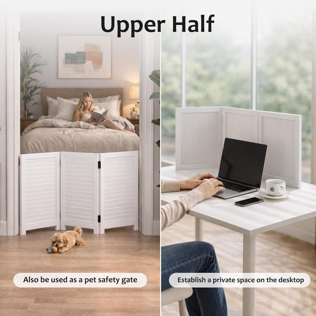 Short Room Divider 3 Panel, 51" H Modular Detachable Wall Partition, Louver & Solid Wood Privacy Screen for Clutter Concealing, Small Space Division for Home Office, White