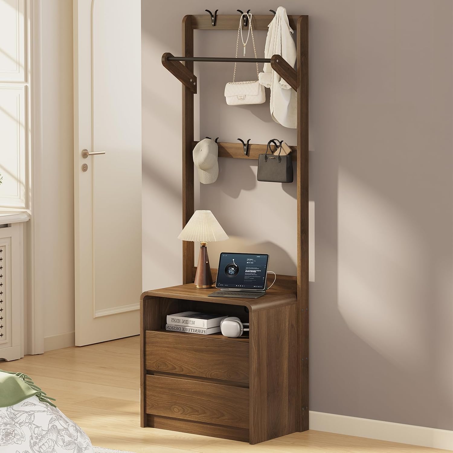 Messenya Mid Century Modern Bedroom Nightstand with Clothes Rack and Hooks | Bedside Table with Hanging Rod, 6 Storage Hooks, Charging Station, Dual Drawers, Rounded Corner, Open Shelf, Walnut Finish