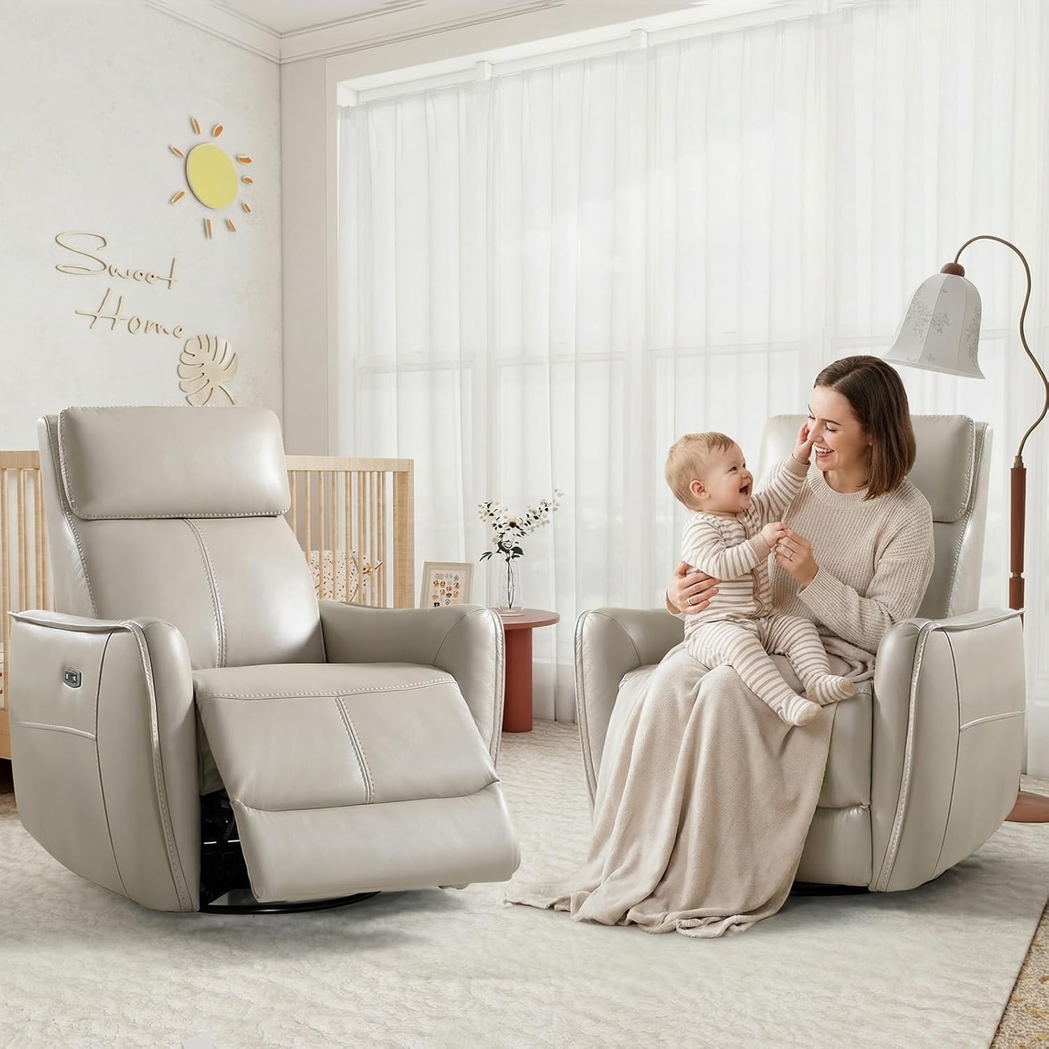 HAOMARKETS Electric Swivel Rocker Recliner Chair Set of 2, Power Faux Leather Glider Rocking Recliners for Adults,360° Swivel Nursery Reclining Sofa with USB Charging Port, Beige