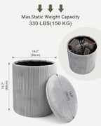 LITZFUR Round Ottoman with Storage,Velvet Upholstered Vanity Stool & Folding Foot Rest,Coffee Table for Living Room,Bedroom,Gray