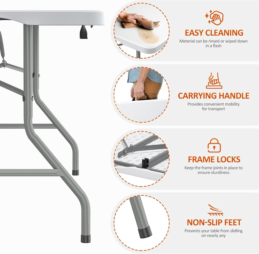 Folding Table 6FT 350 LBS Heavy Duty Foldable Table with 18% Thicker HDPE Waterproof Top, Portable Fold in Half with Handle, Reinforced Steel Frame for Indoor Outdoor Party Events