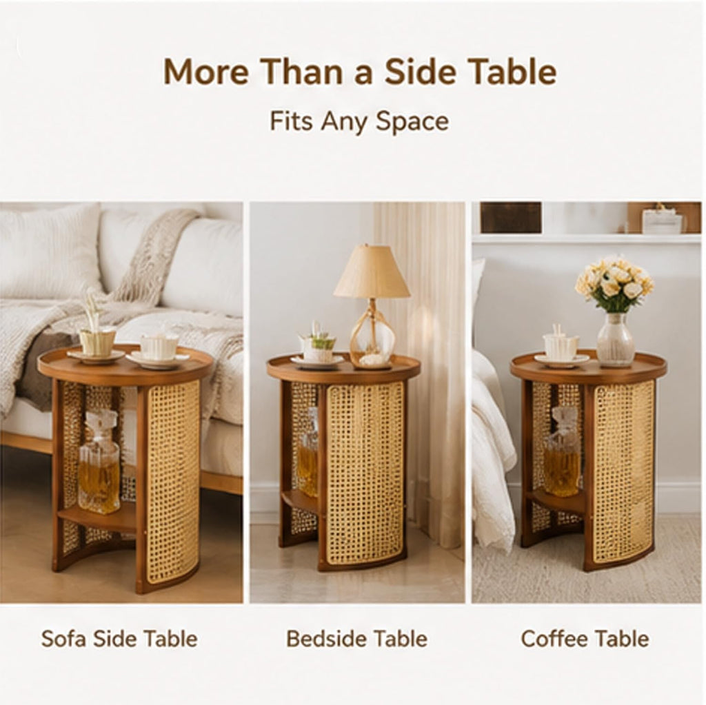 Rattan Coffee Table Round End Table with 2 Layer Storage Bamboo Living Room Side Table for Sofa Bedroom Balcony Small Space