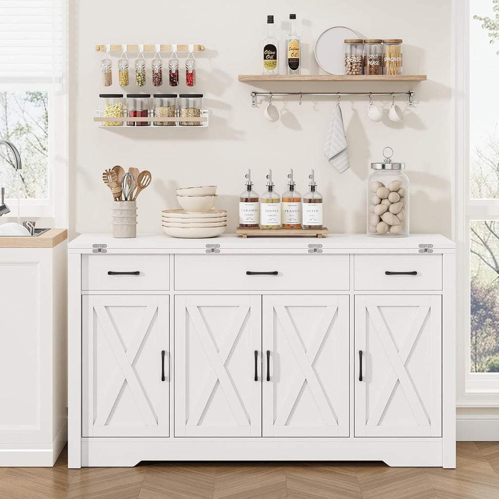 Yanosaku 55" Extendable Buffet Cabinet, Modern Farmhouse Kitchen Sideboard with 3 Drawers & Adjustable Shelves, Space-Saving Storage Credenza for Apartment, Small Spaces, Living Room, White