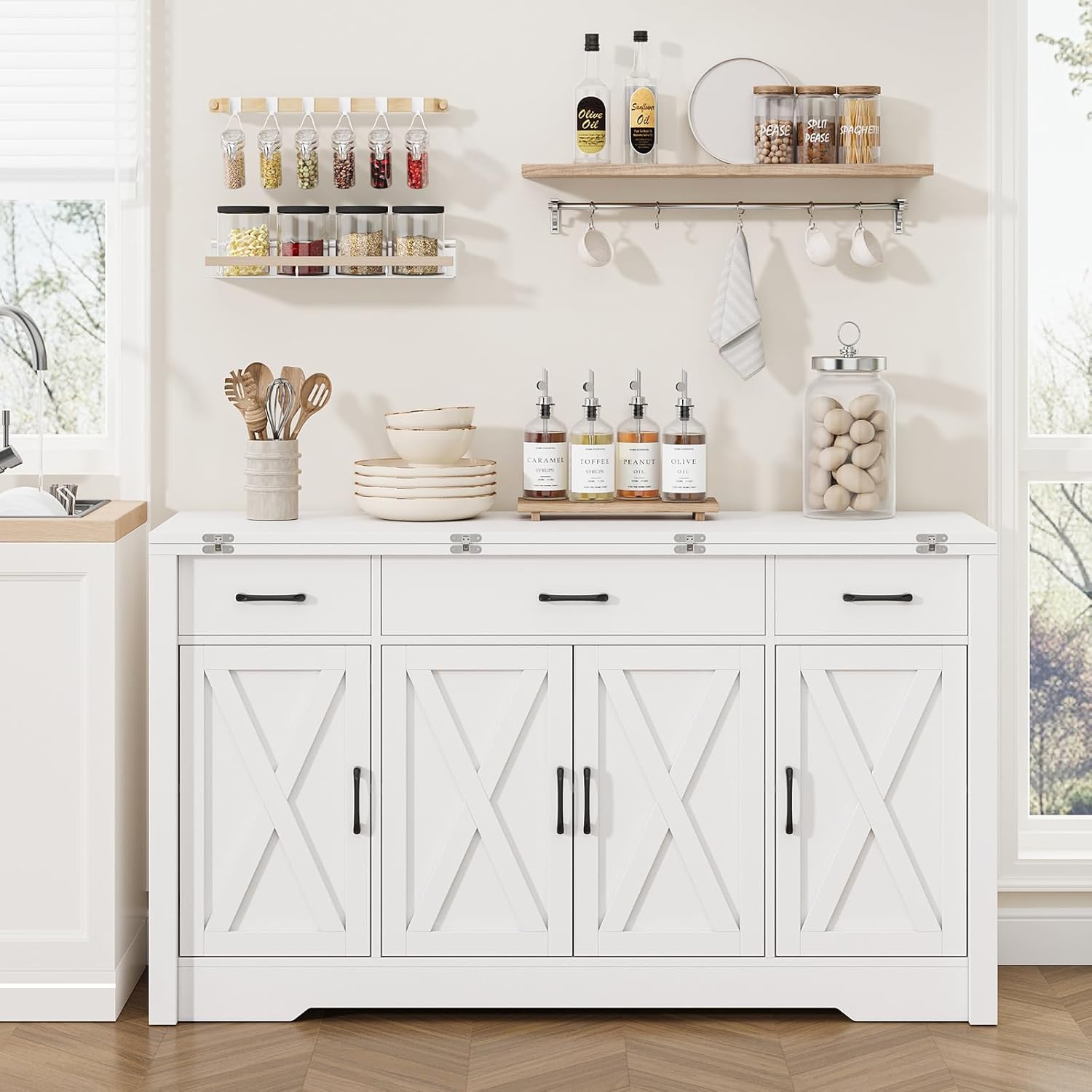 Yanosaku 55" Extendable Buffet Cabinet, Modern Farmhouse Kitchen Sideboard with 3 Drawers & Adjustable Shelves, Space-Saving Storage Credenza for Apartment, Small Spaces, Living Room, White
