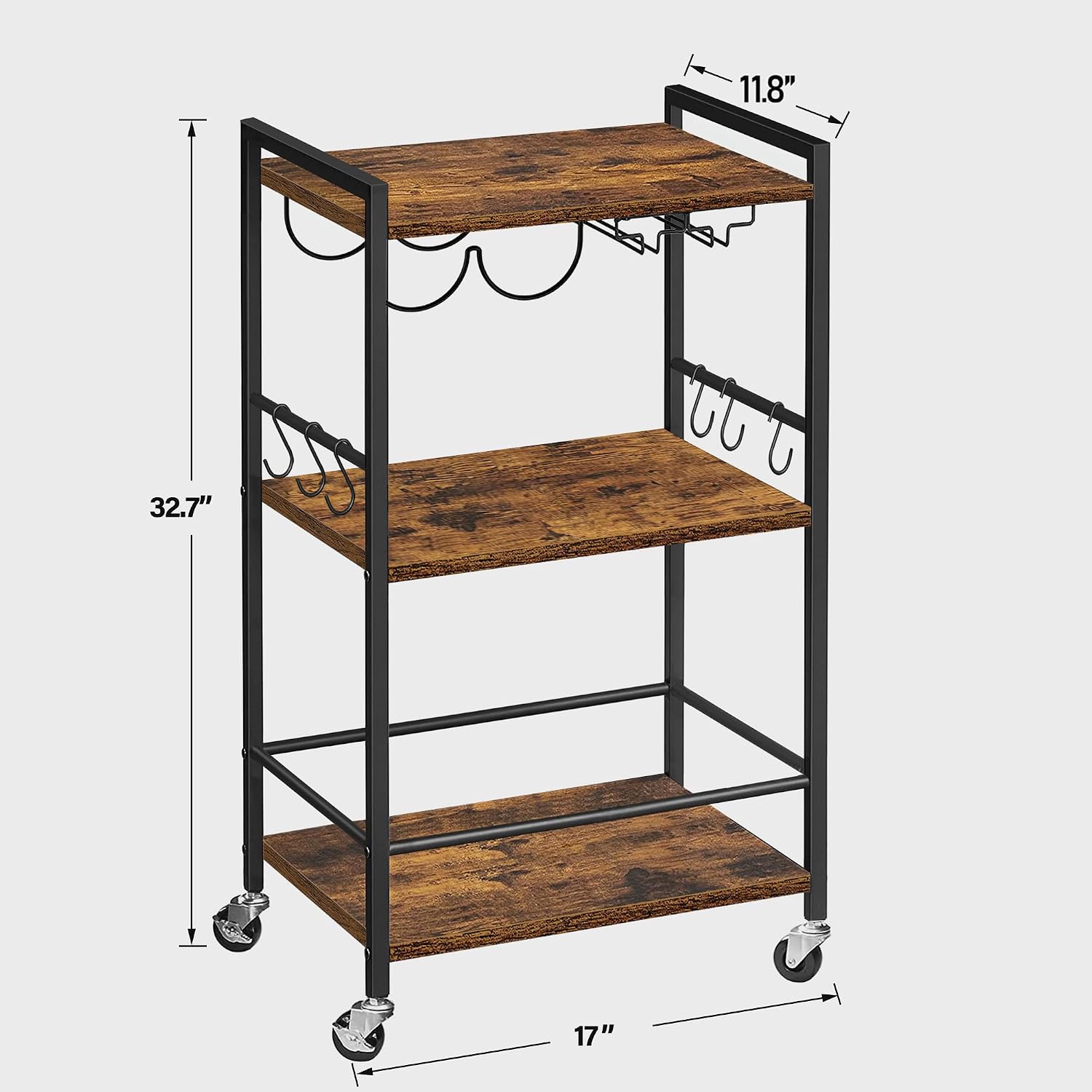 TUTOTAK Bar Cart, Home Bar Serving Cart with 3-Tier Shelf, Drink Cart with Wine Rack, Glass Holder, Rolling bar carts for the Home, Living Room, Brown BC01BB035