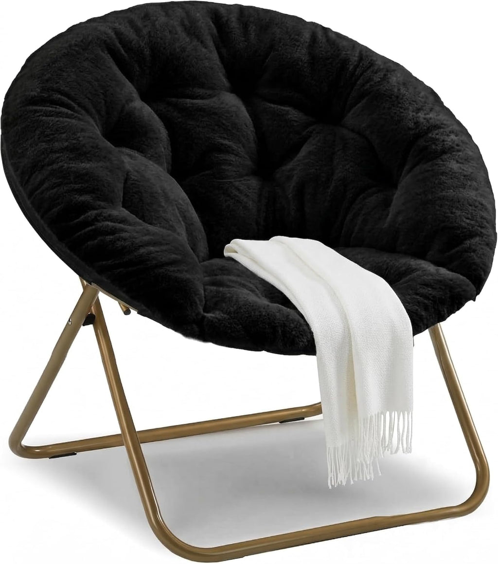 HealSmart Saucer Chair, Comfy Faux Fur Chair for Bedroom, Saucer Chairs for Adults, Teens, Round Shaped Moon Chair with Foldable Metal Frame, Black