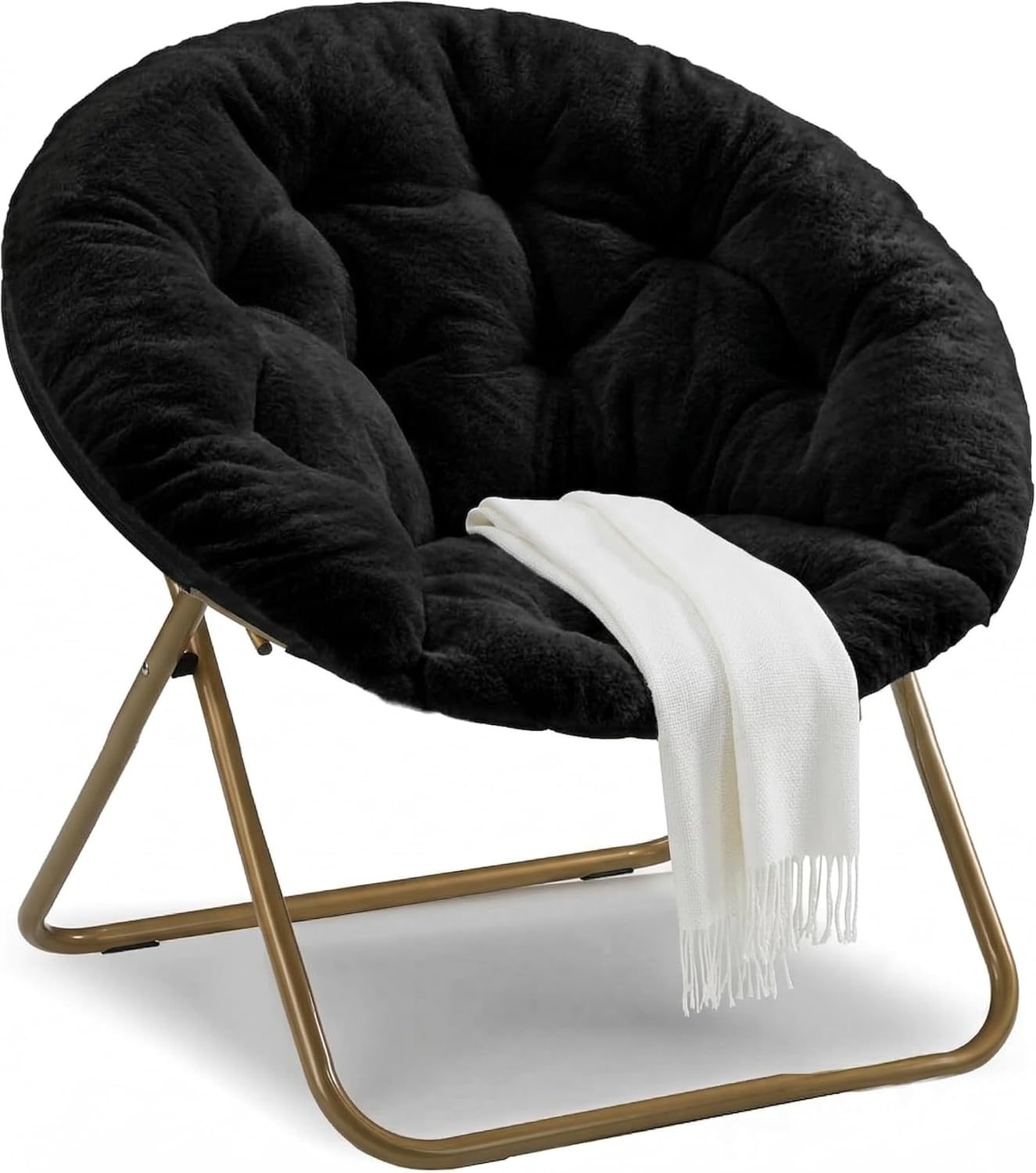 HealSmart Saucer Chair, Comfy Faux Fur Chair for Bedroom, Saucer Chairs for Adults, Teens, Round Shaped Moon Chair with Foldable Metal Frame, Black