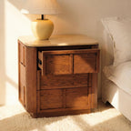Hearth End Table with Travertine Top Oak Wood Nightstand with 3 Drawer Bedside Table Modern Wood Side Table with Storage White Oak Finish Brown Sofa Side Table for Living Room, Bedroom