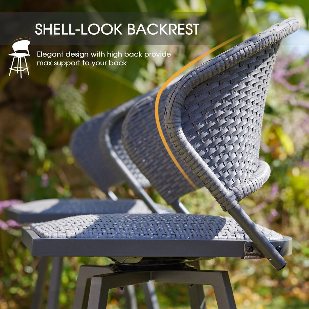 VICLLAX Patio Bar Stool Chairs with Footrests and Padded Seat, Counter Height Swivel Patio Chairs Set of 2, Grey Woven Wicker Swivel Bar Stools for Lawn Garden