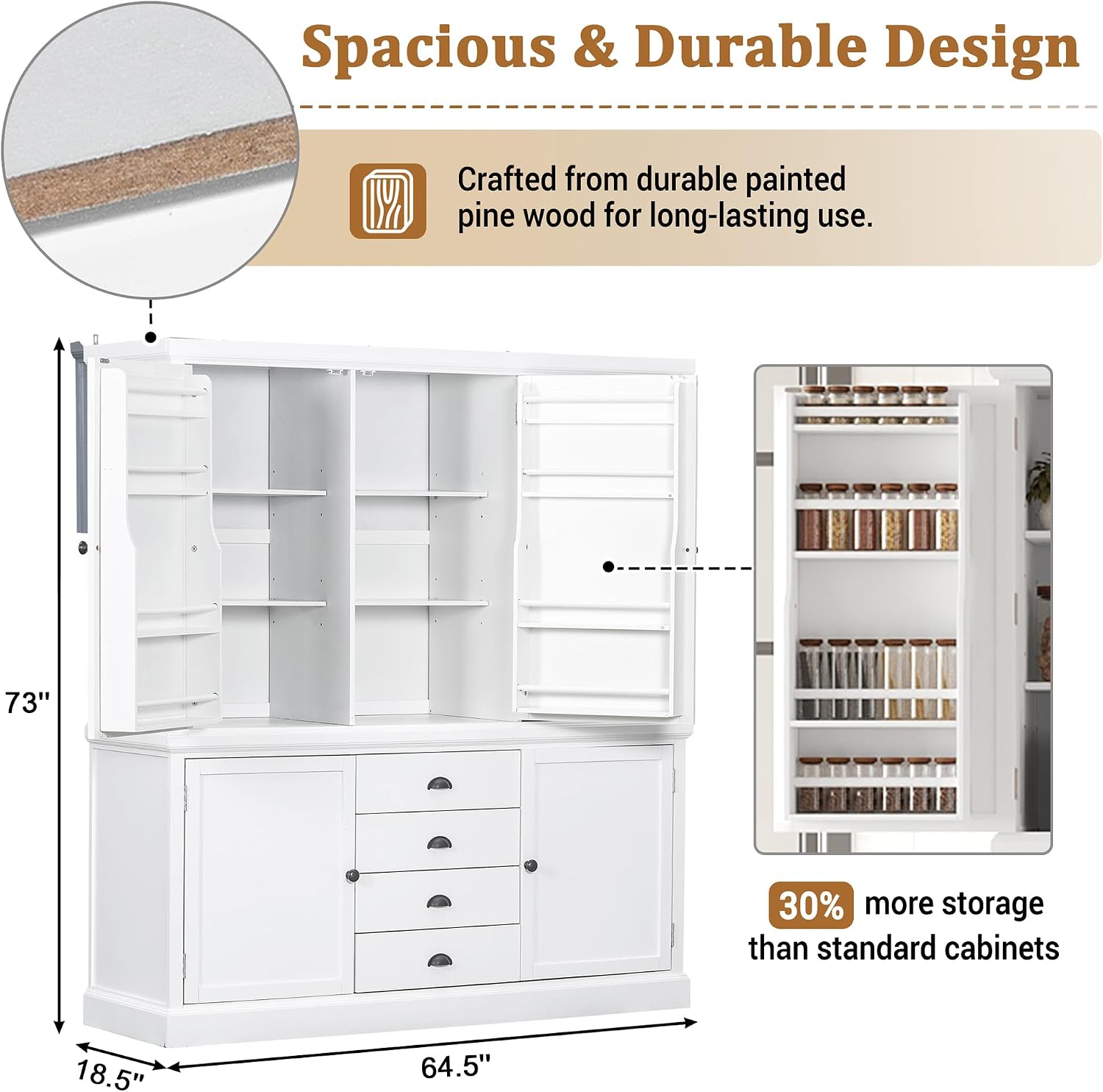 Freestanding Kitchen Pantry Organizers with Drawers, Wooden Cupboard with Door Shelves and Adjustable Shelves for Dining Room, Kitchen (White)